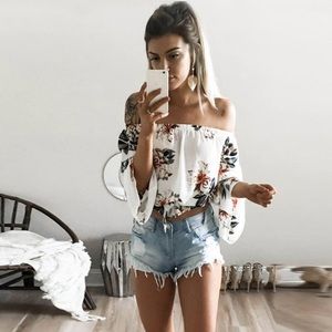 Off Shoulder Floral Print Chiffon Blouse